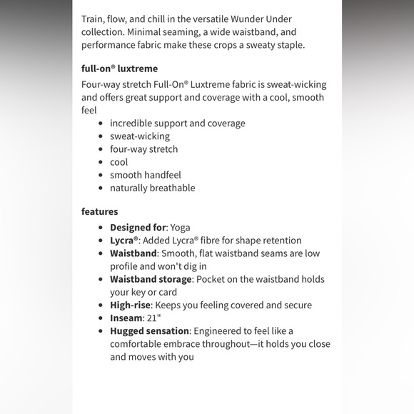 Lululemon Wunder Under Crop (High-Rise) *Full-On Luxtreme 21" Shadow Leaf Light - Picture 15 of 16